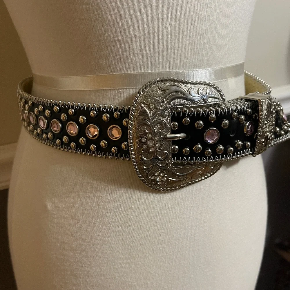 Leather Studded Black Western Belt with Pink Gem Accents